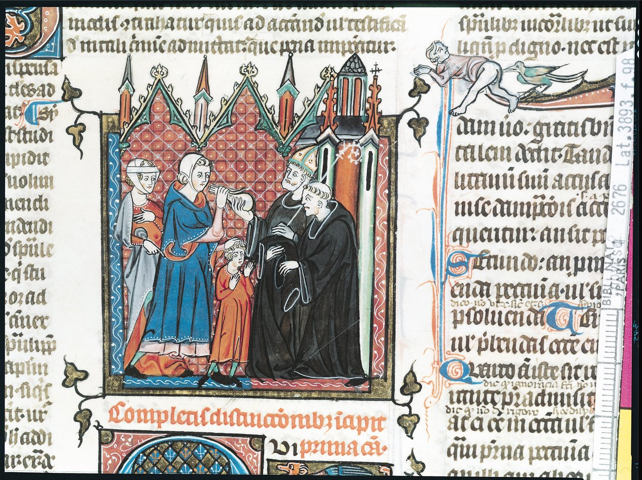 Padres ofreciendo dinero a un obispo para llevar a su hijo a la abadía, 1314 de French School