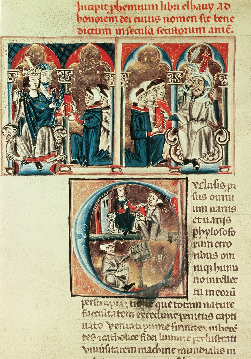 Ms Lat. 6912 fol.1v Un erudito judío presentando una traducción de un tratado árabe a Felipe de Anjou de French School