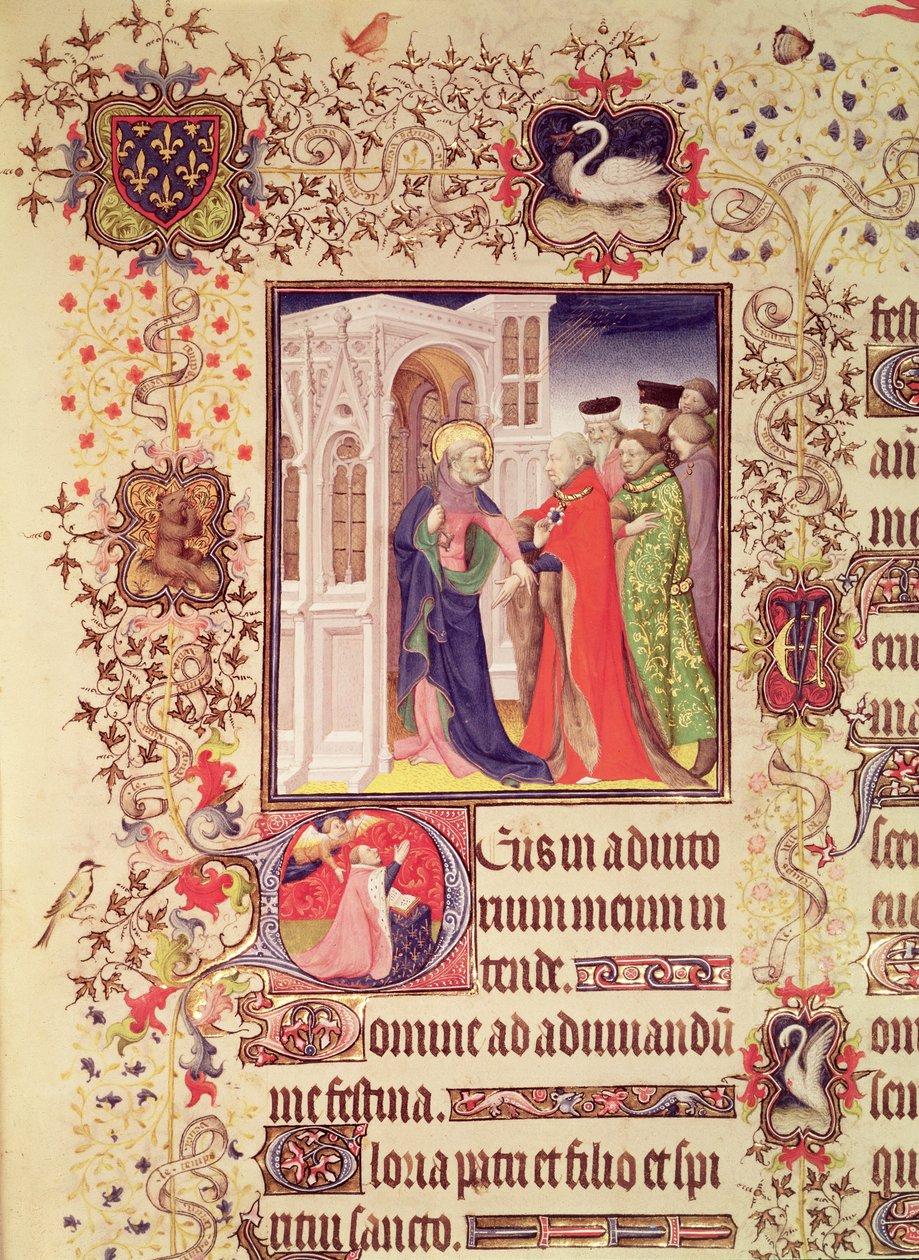 Jean de Francia, Duque de Berry siendo guiado por San Pedro a las Puertas del Cielo con una inicial historiada `D de San Pedro y Jean de Berry en oración, de las Grandes Horas del Duque de Berry de French School