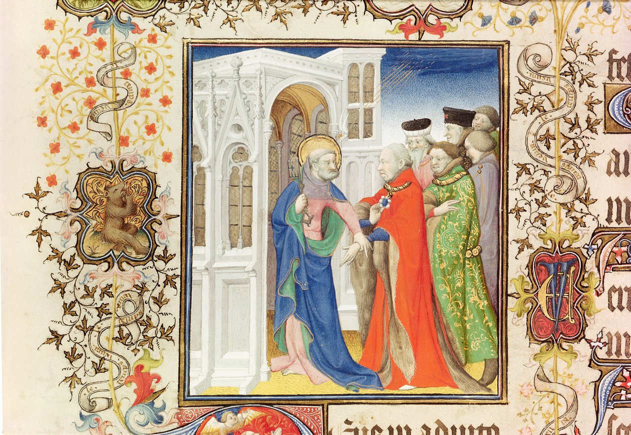 San Pedro Guiando a Jean de Francia (1340-1416) Duque de Berry al Paraíso, de las Grandes Horas del Duque de Berry, 1409 de French School