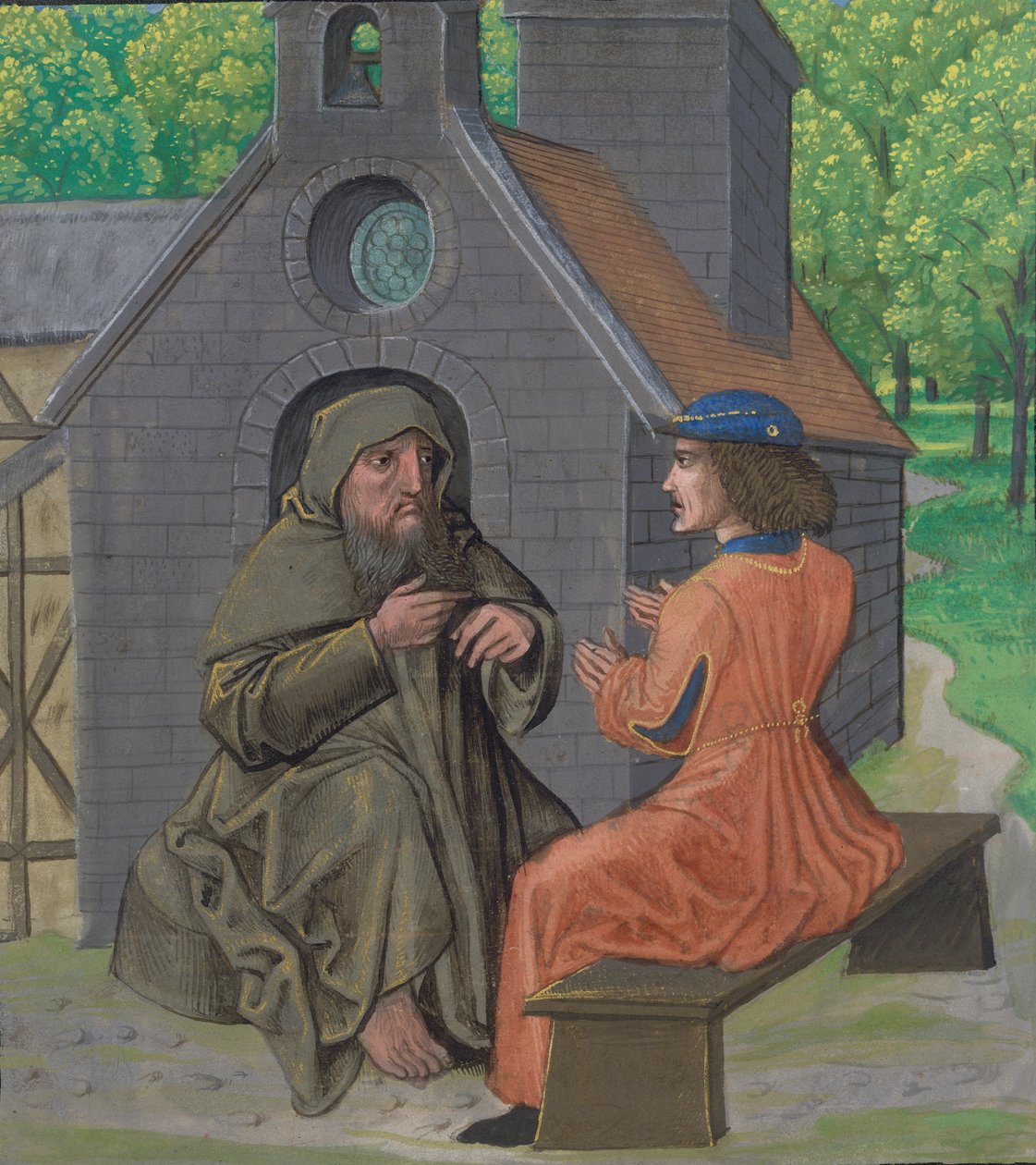 Ms Royal 14 E. 11, f.338 El ermitaño instruyendo al caballero, de 