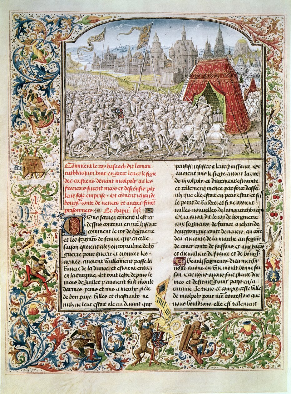 Ms t.4 fol.230 Batalla de Nicópolis en 1396, facsímil del manuscrito de Breslau, de la Crónica de Froissart, 1472 de French School