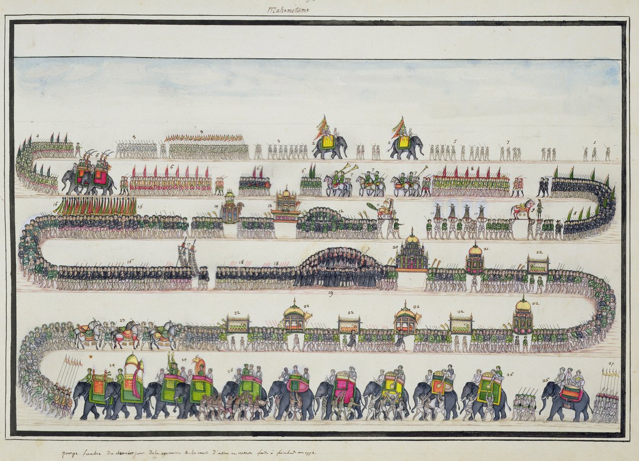 Ceremonia de Muharram, Faizabad, 1772 del Álbum Gentil, publicado en 1774 de French School