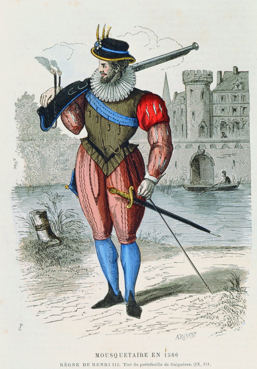 Mosquetero en 1586, ilustración de Costumes de Paris a travers les siecles por H. Gourdon de Genouillac, grabado por A. Renard de French School
