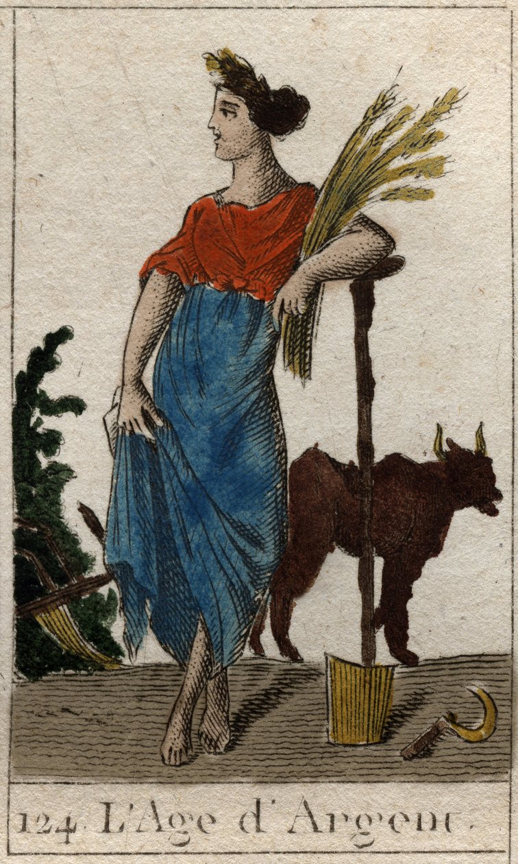 Mito de las Edades de la Humanidad: representación de la Edad de Plata, como una joven sosteniendo una corona de trigo cerca de un arado y una hoz. De “Mitología de la juventud” por Pierre Blanchard 1803 de French School