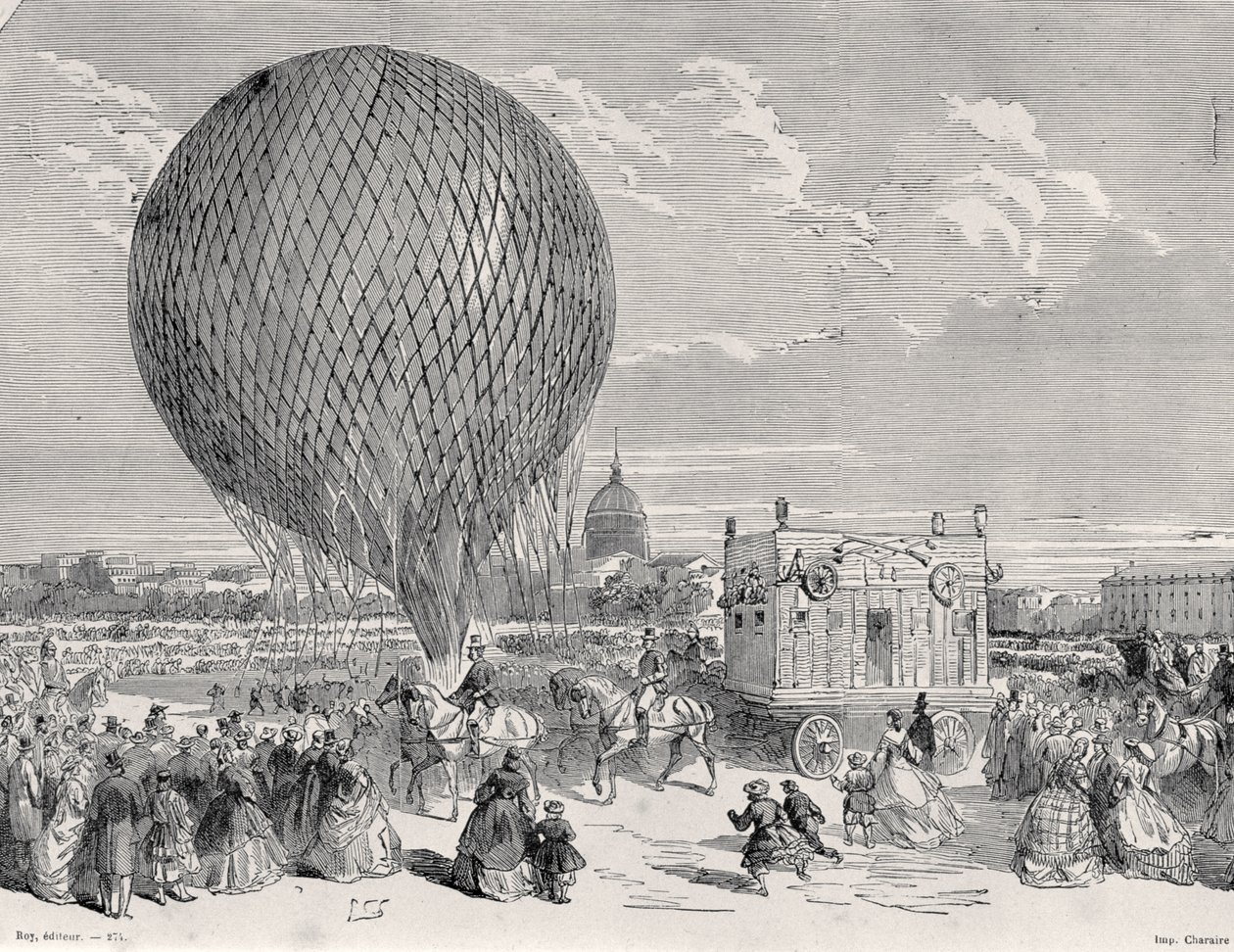 El globo de Nadar, Le Géant siendo preparado en el Champ de Mars, París para su primer vuelo el 4 de octubre de 1863, ilustración de Paris a Travers Les Siecles: Tome 5, 1889 de French School