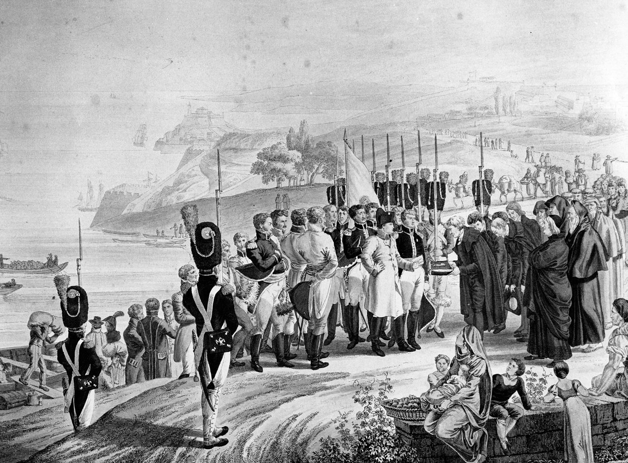Napoleón (1769-1821) llegando a la Isla de Elba, 1814 de French School
