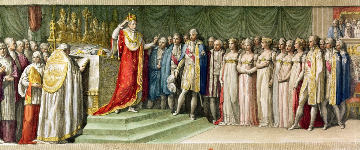 Napoleón Bonaparte (1769-1821) coronándose con la Corona de Hierro de los Lombardos en Milán, 1805 (grabado en color) de French School