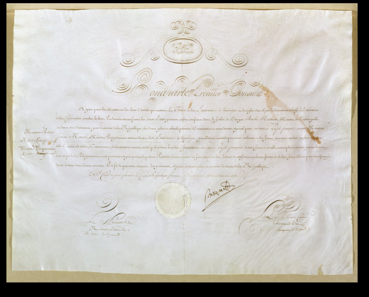 Autorización de Napoleón Bonaparte para la compra de Luisiana por los Estados Unidos, 30 de abril de 1803 de French School