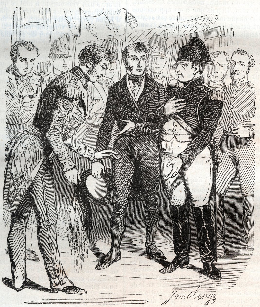 Napoleón confía en la fe británica - Napoleón Bonaparte abordando el barco británico Bellerophon que lo llevará al exilio a Santa Helena el 14 de julio de 1815 de French School