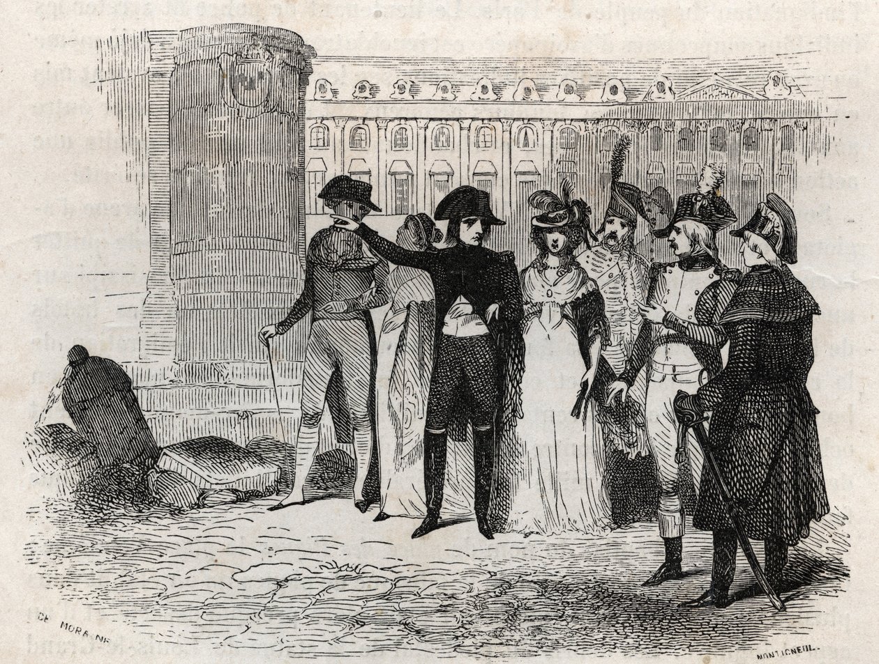 Napoleón caminando con Madame Tallien, nacida Theresa Cabarrus, Princesa de Caraman, Princesa de Caraman Chimay (1773-1835) en la plaza Vendôme en París - grabado en 