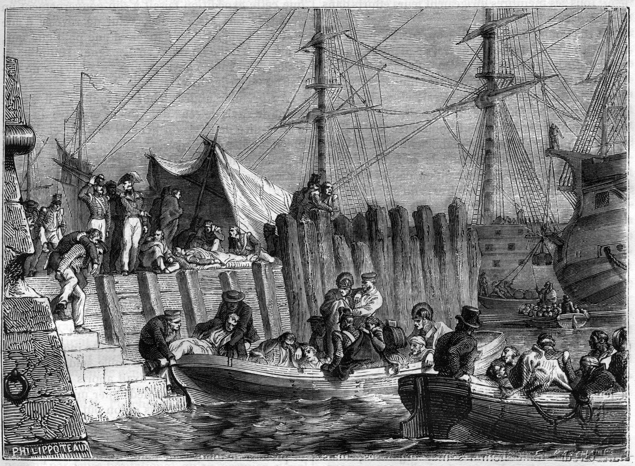 Guerras Napoleónicas - El ejército inglés abandona la isla de Walcheren en 1809 - Los ingleses abandonan la isla de Walcheren en los Países Bajos en 1809 - en "Historia del imperio siguiendo la historia del consulado" por Adolphe Thiers - 1879 - colección  de French School