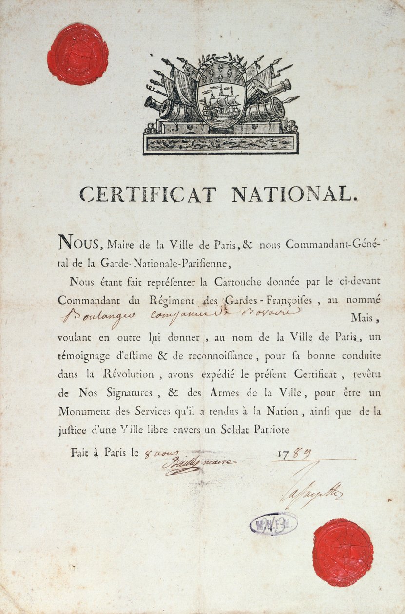 Certificado Nacional de Buen Comportamiento durante la Revolución Francesa, 8 de agosto de 1789 en París de French School