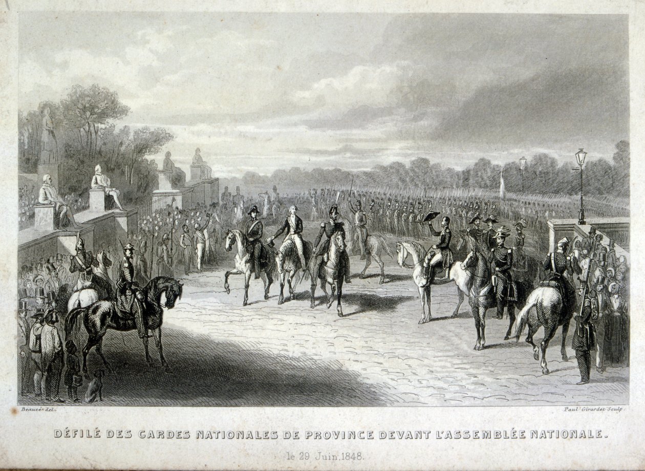 Soldados de la Guardia Nacional protegen la Asamblea Nacional en París. Grabado durante la Revolución Francesa de 1848 de French School