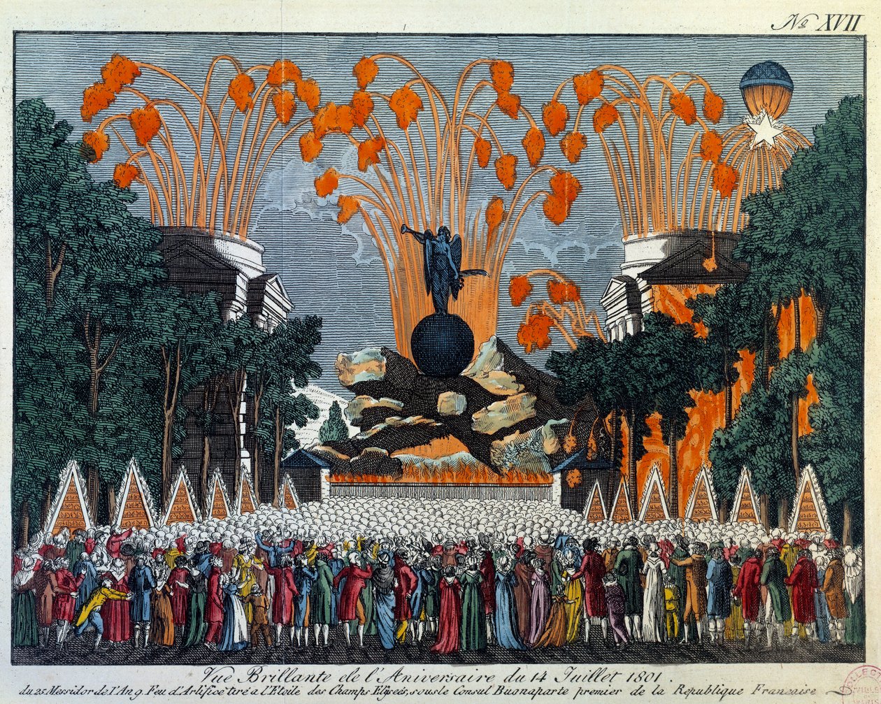 Fiesta nacional del 14 de julio de 1801 en los Campos Elíseos, París: Fuegos artificiales tiene lugar de la estrella en los Campos Elíseos en París. Impresión de 1801 París, Musee Carnavalet de French School