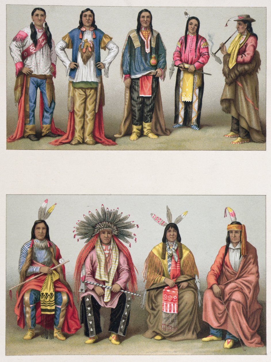 Nativos americanos de la cuenca del Mississippi y de Colorado, ilustración de Le Costume Historique de A. Racinet, publicado en París 1888 de French School