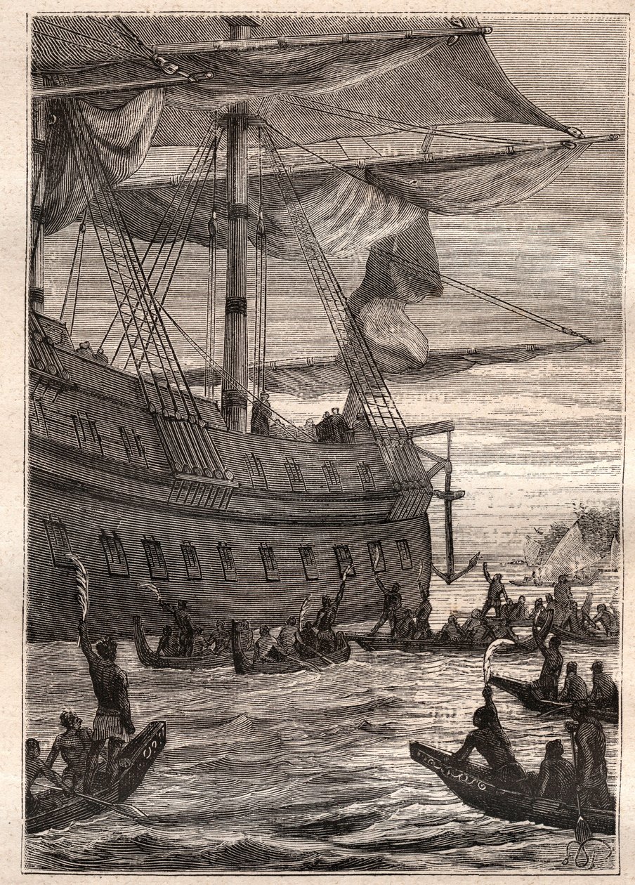 Pueblos nativos sosteniendo ramas de plátano en la mano: viaje de Samuel Wallis (1728-1795) a Polinesia - ilustración tomada de "Los grandes marineros del siglo XVIII" de French School
