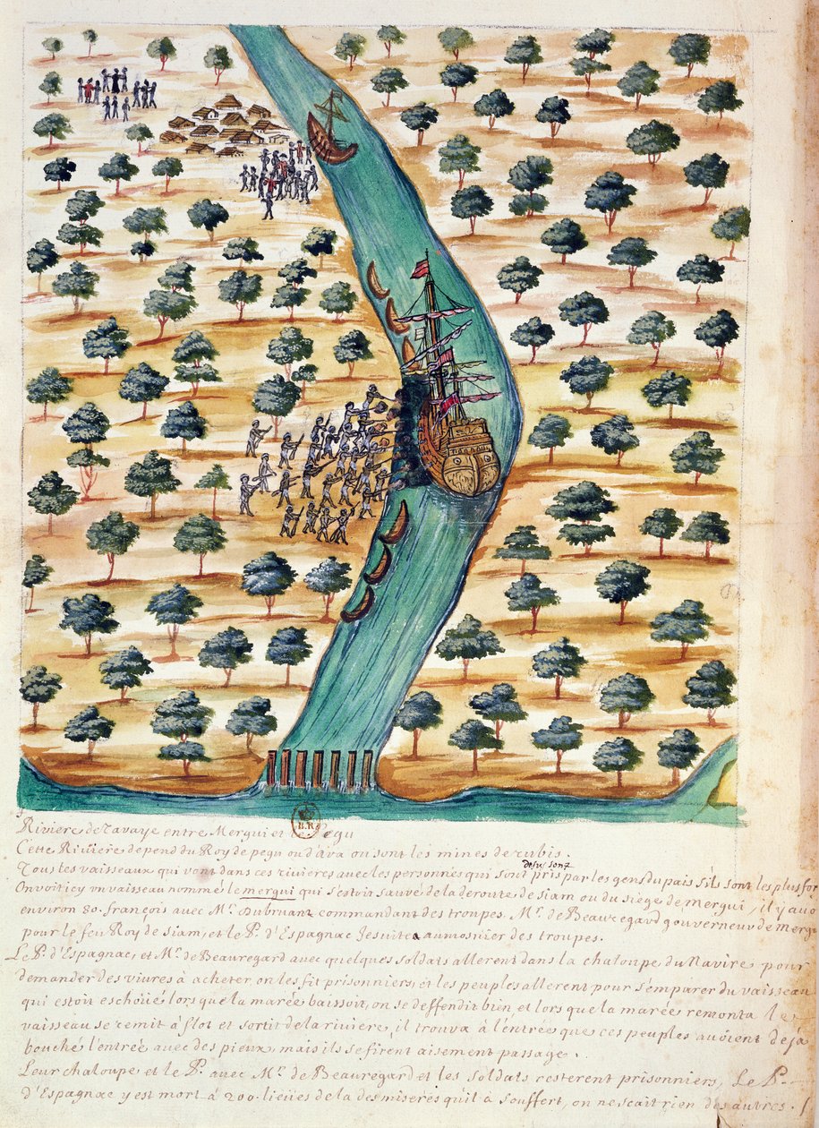 Nativos atacando barcos franceses en el río Tavoy, de una cuenta de los jesuitas en Siam, 1688 de French School