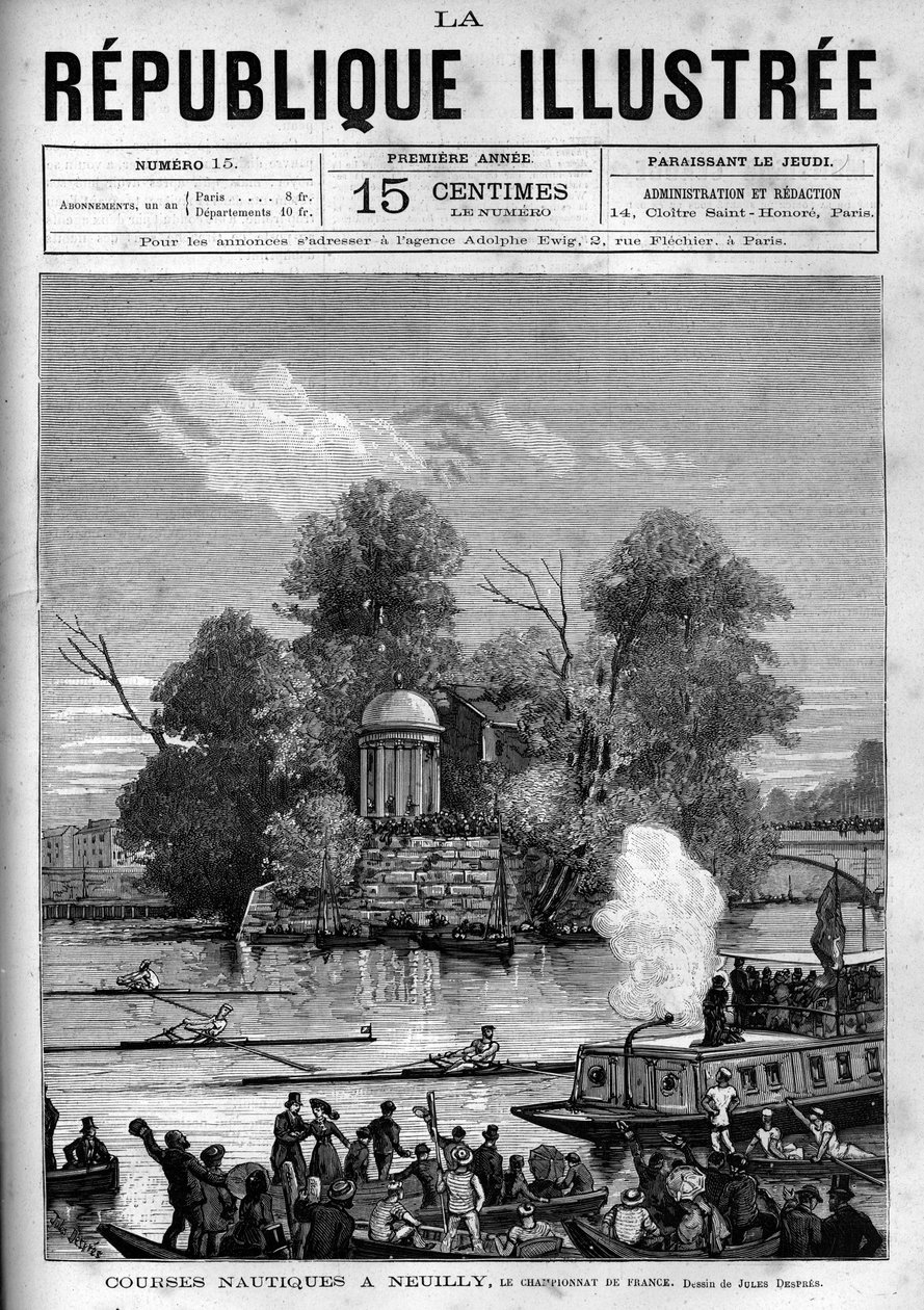 Carreras náuticas: campeonato francés de remo organizado en el Sena frente a la Isla de la Grande Jatte en Neuilly. Un periódico. Grabado de 1880 en “La republique illustree” colección privada. de French School