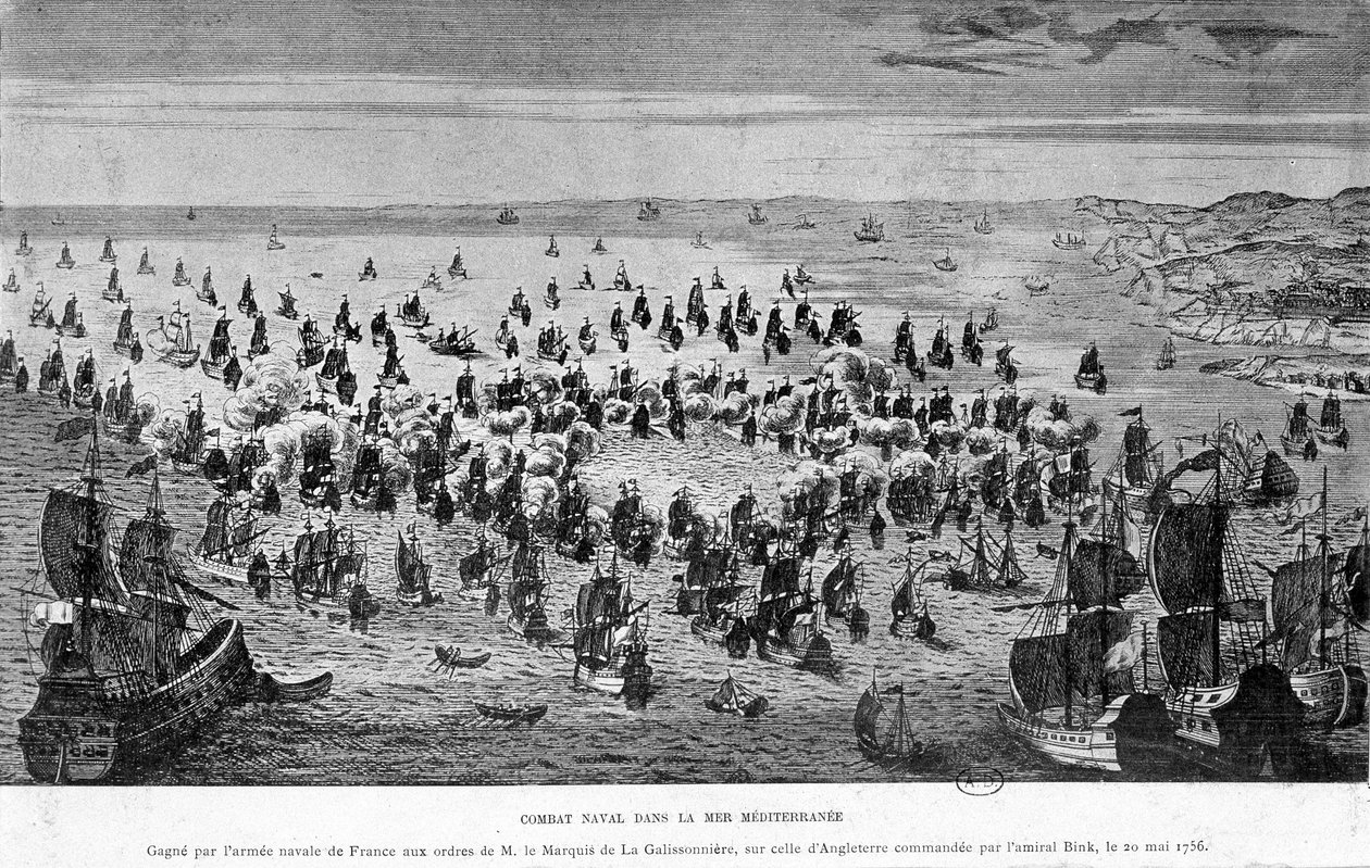 Batalla naval en el Mar Mediterráneo, ganada por el ejército naval de Francia bajo las órdenes del Marqués de La Galissonnière, sobre el de Inglaterra comandado por el Almirante Bink, 20 de mayo de French School