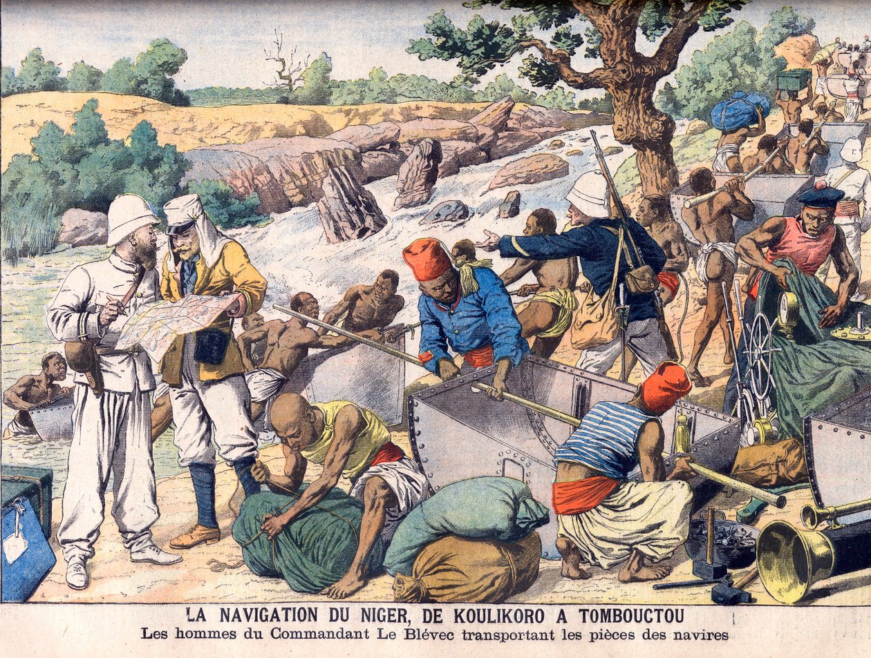 Navegando por el río Níger entre Koulikoro y Tombuctú. Una expedición comandada por el comandante Le Blevec transportando barcos en secciones alrededor de rápidos. La navegación del Níger, de Koulikoro a Tombuctú. Los hombres del comandante Le Blevec trans de French School