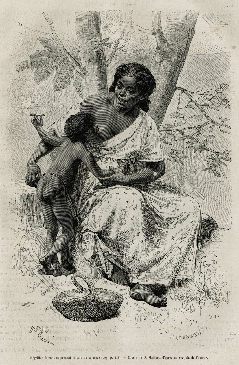 Negillon fumando y tomando el pecho de su madre, en la región de Darién (este de Panamá), ilustración de la historia Exploración en los istmos de Panamá y Darién, por A. Reclus, teniente de barco, de 1876 a 1878 de French School