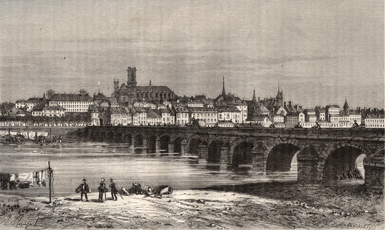 Nevers - Nievre en región Borgoña - grabado en “La France illustrée: géographie, histoire, administration statistique” por V.-A. Malt-Brown. 1884 de French School