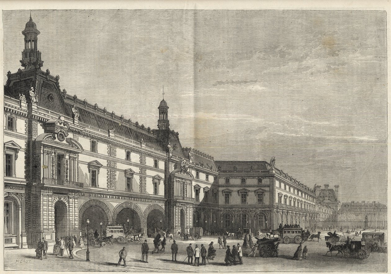 Nuevos edificios de las Tullerías en la Place du Carrousel - Le nouveau Louvre - fachada del lado de la Place du Carrousel y sala de los Estados - grabado de 1869 de French School