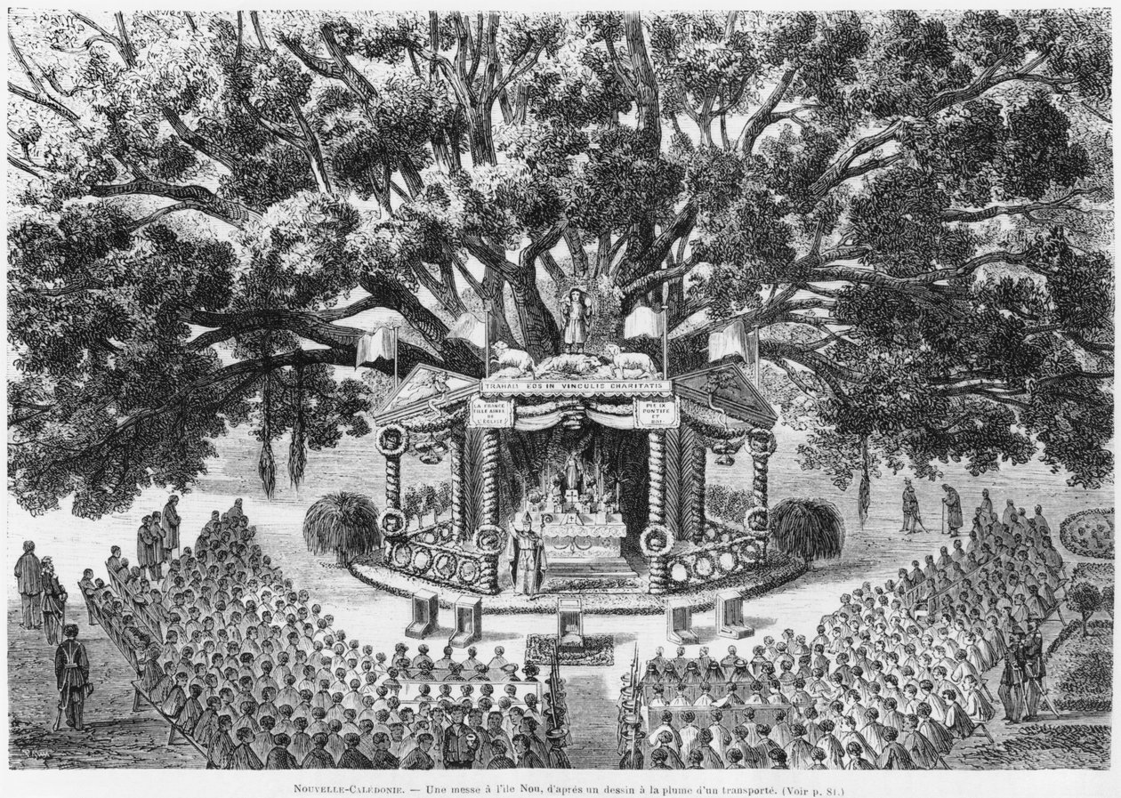 Nueva Caledonia, celebrando misa en la isla de Nou, después de un dibujo a pluma y tinta de un transportado, ilustración del boletín Les Missions Catholiques, 1875 de French School