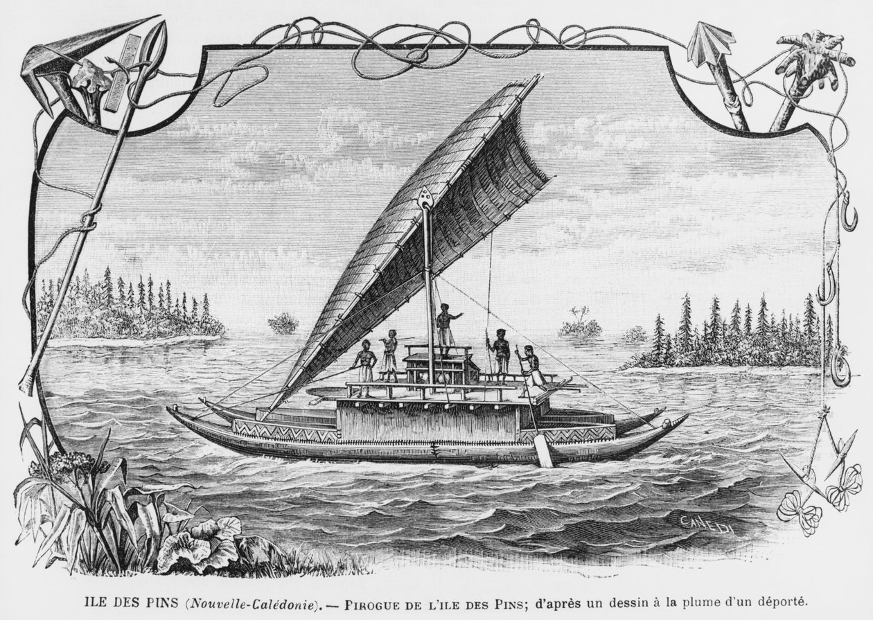 Nueva Caledonia, piragua de la Isla de los Pinos, después de un dibujo a pluma y tinta de un deportado, ilustración del boletín Les Missions Catholiques, 1893 de French School