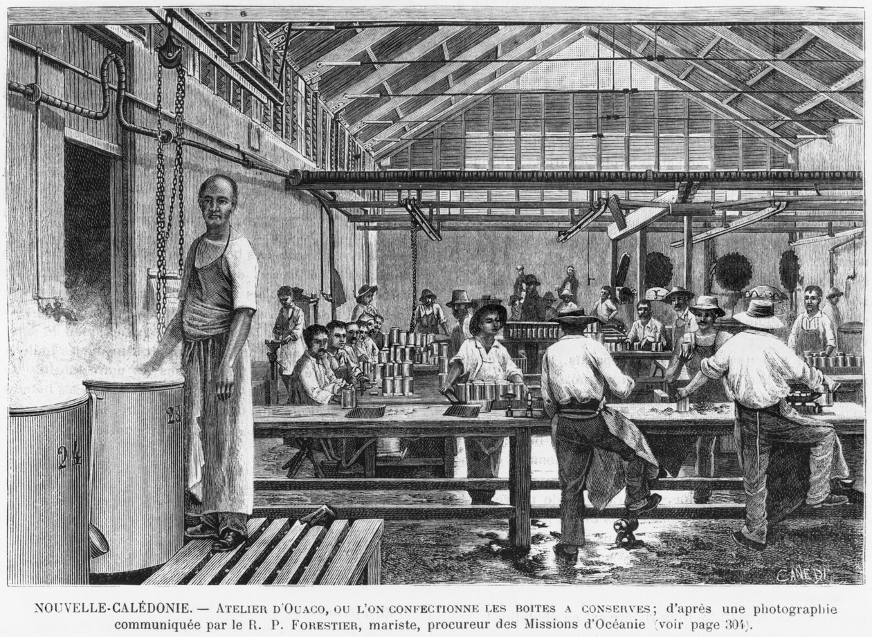Nueva Caledonia, taller en Ouaco, fabricación de latas, después de una fotografía proporcionada por el Reverendo Padre Marista Forestier, ilustración del boletín Les Missions Catholiques, 1889 de French School