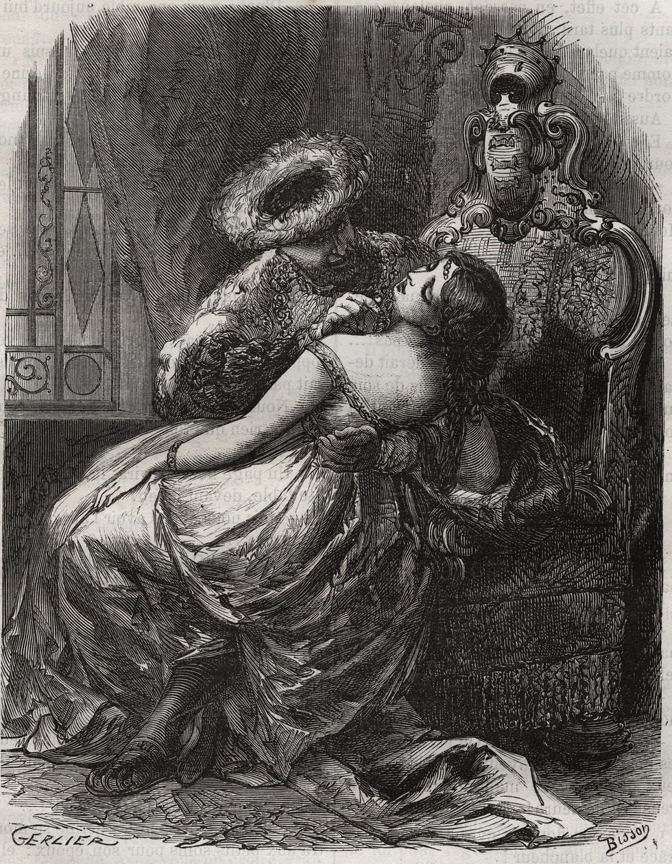 ¡Bonito cuello! ¡Que un verdugo estaría feliz de cortarlo! El Rey Enrique VIII de Inglaterra (1491-1547) con su esposa, Catalina Parr (1512-1548). Grabado de 1871 en "Histoire Des Cocus Celebres" de Henry de Kock (1819-1892) de French School