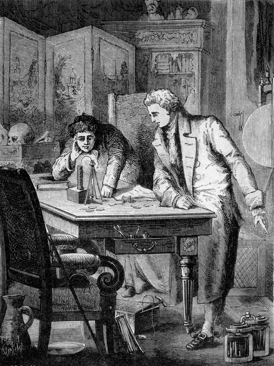 Nicholson y Carlisle, en Londres, descomponiendo agua por la pila de Volta (pila de Alessandro (Alexandre) Volta), 2 de mayo de French School