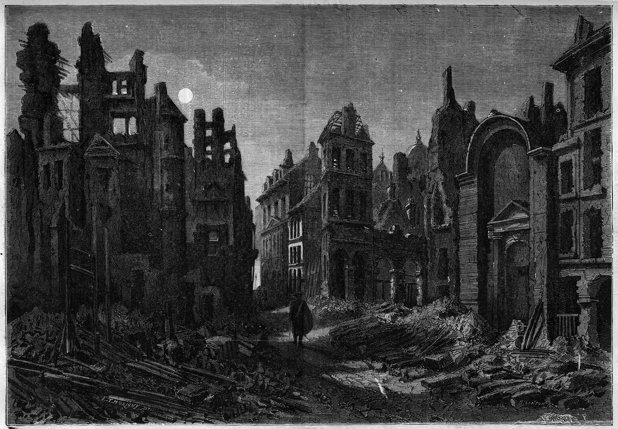 Vista nocturna de las ruinas del Barrio Latino en París de French School