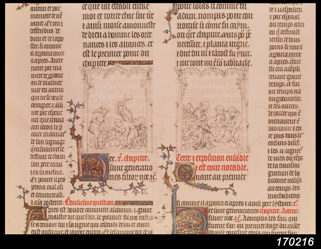 Noé en el viñedo y la embriaguez de Noé, de La Biblia de Jean Sy, c.1355 de French School
