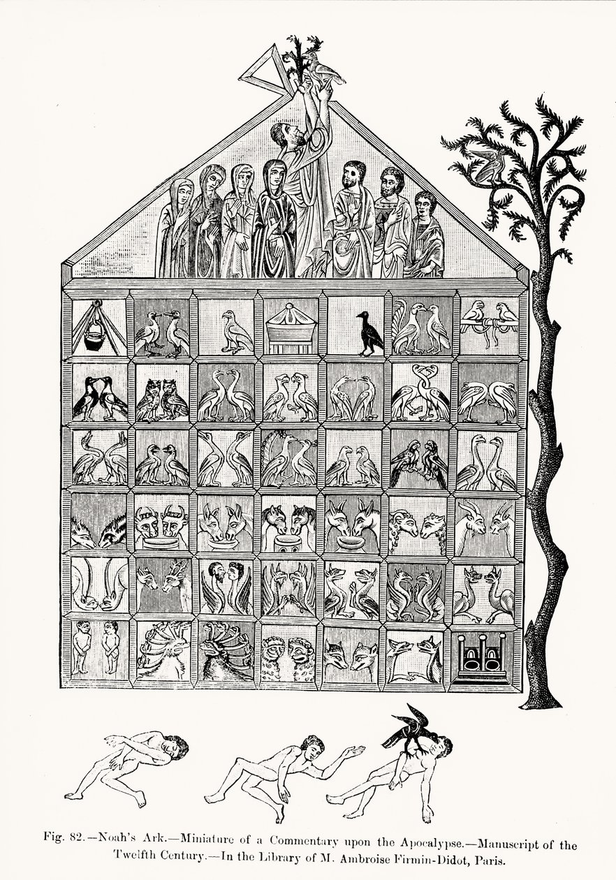 El Arca de Noé, miniatura de un Comentario sobre el Apocalipsis, ilustración de Ciencia y Literatura en la Edad Media y el Renacimiento, escrito y grabado por Paul Lacroix, 1878 de French School