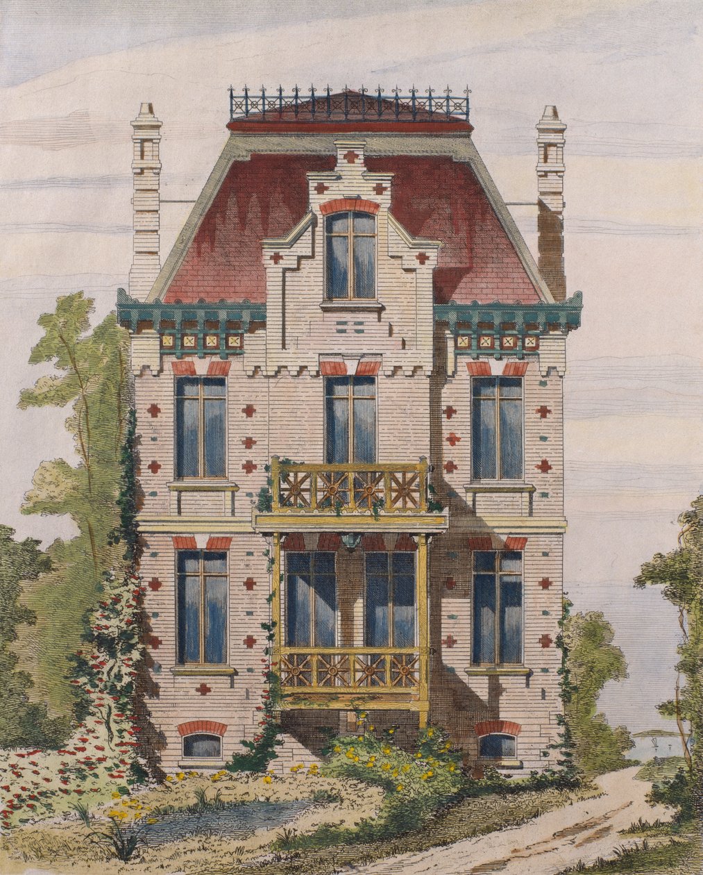 Villa normanda en Villers sur mer, Normandía, ilustración de Le Moniteur des architectes, 1883 de French School