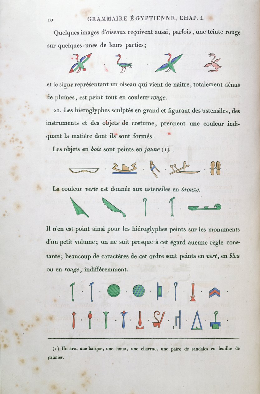 Notas sobre la coloración de ciertos jeroglíficos, de Grammaire Egyptienne por Jean Francois Champollion (1790-1832) 1836 de French School