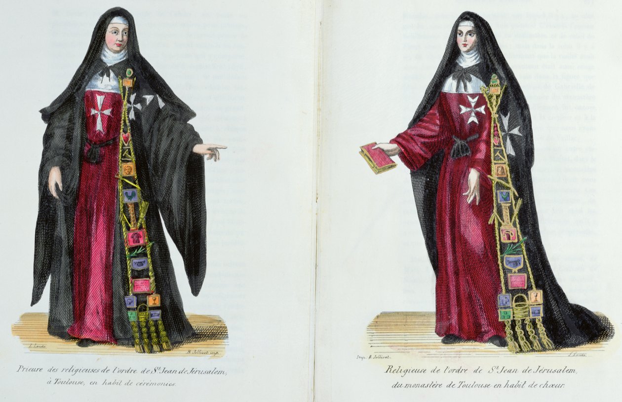 Monjas de la Orden de San Juan de Jerusalén, ilustración de Historia y Trajes de Órdenes Monásticas por el Padre Helyot, 1842 de French School