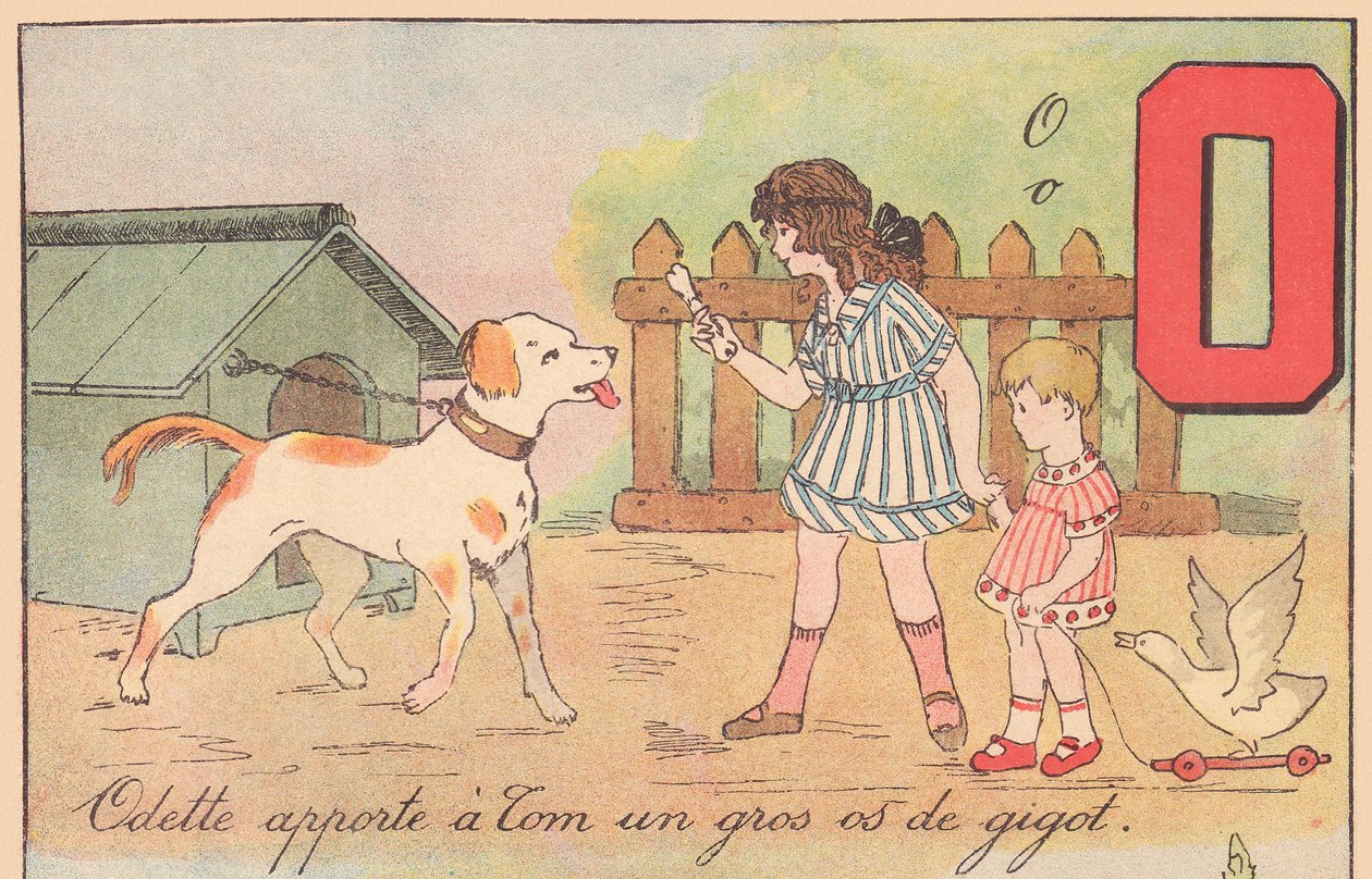 Odette le trae a Tom un hueso grande de la pierna, hacia 1920 (huella) de French School