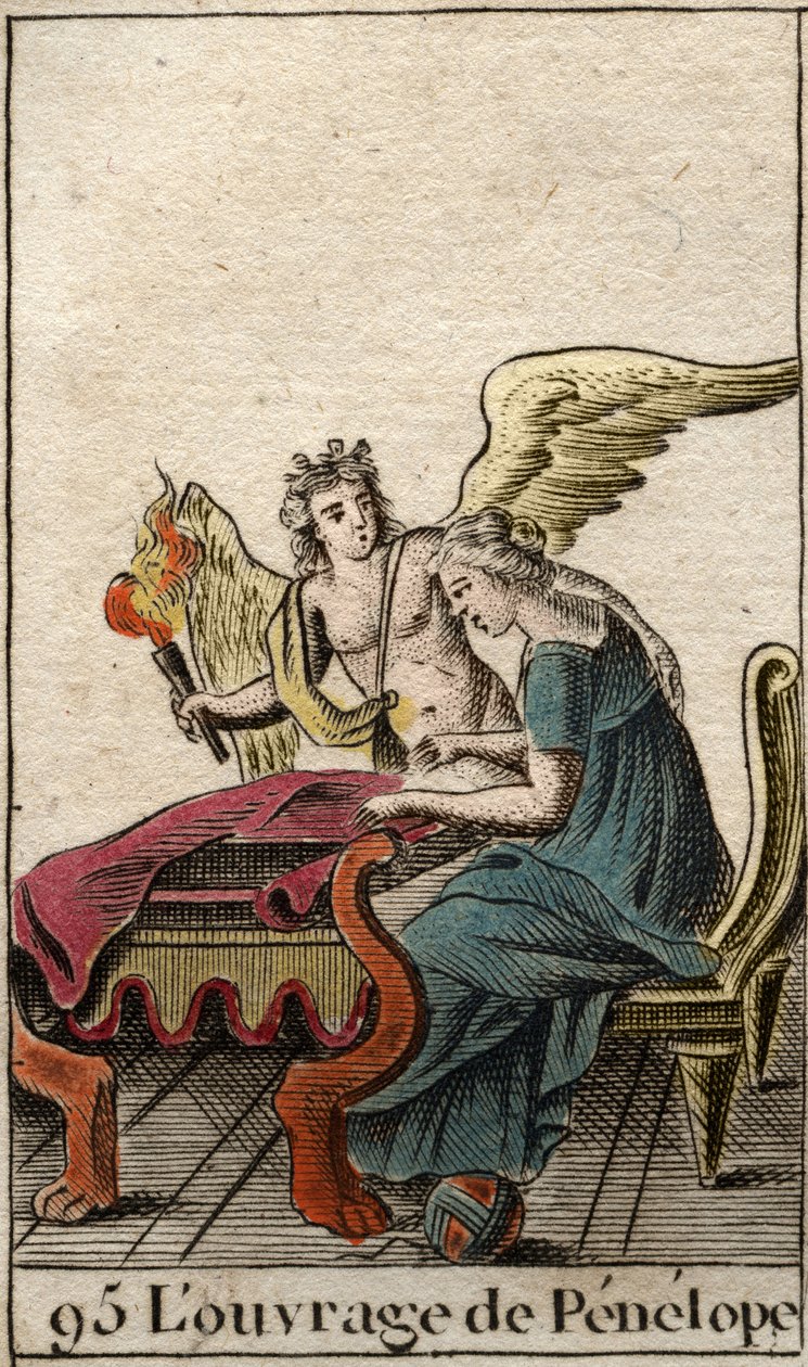 Odisea de Homero: la fiel Penélope, esposa del héroe Ulises, constantemente tejiendo y defendiendo un tapiz esperando el regreso de su esposo a Ítaca. de French School
