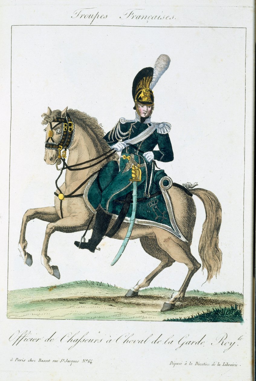 Oficial de la Guardia Real de Caballería, de Troupes Francaises, pub. chez Basset, París, c.1790 de French School