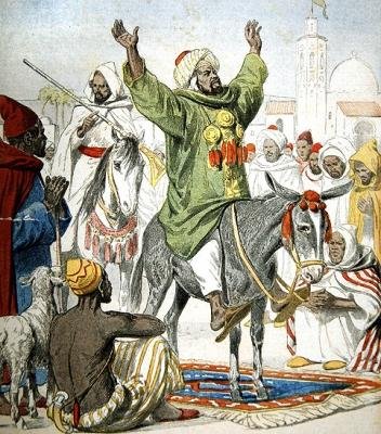 Omar Zarahun, pretendiente al trono de Marruecos, predicando una Guerra Santa, ilustración de portada de Le Petit Journal, 23 de noviembre, 1902 de French School