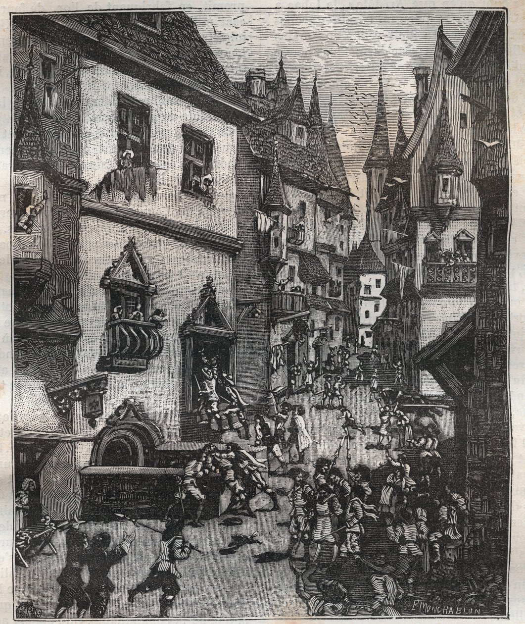 El 20 de mayo de 1636 ocho falsificadores fueron arrestados en la rue Champfleuri por dos comisionados de policía acompañados por una docena de sargentos - en Paris a travers les siecles por Nicolas Jules Henri Gourdon de Genouillac (1826-1898) de French School