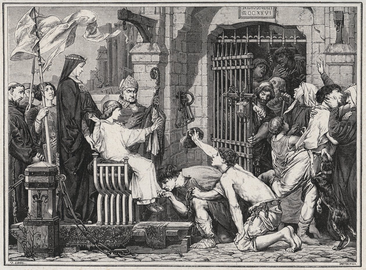 Con motivo de su futuro (1227), el joven Luis IX hizo prisioneros - grabado en “Les Hommes Celebres de la France” por Louis Dumas 1889 de French School