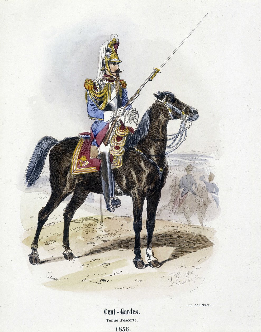 Cien - Guardias: traje de escolta en 1856 - en "Historia del ejército" por A. Barbier de French School