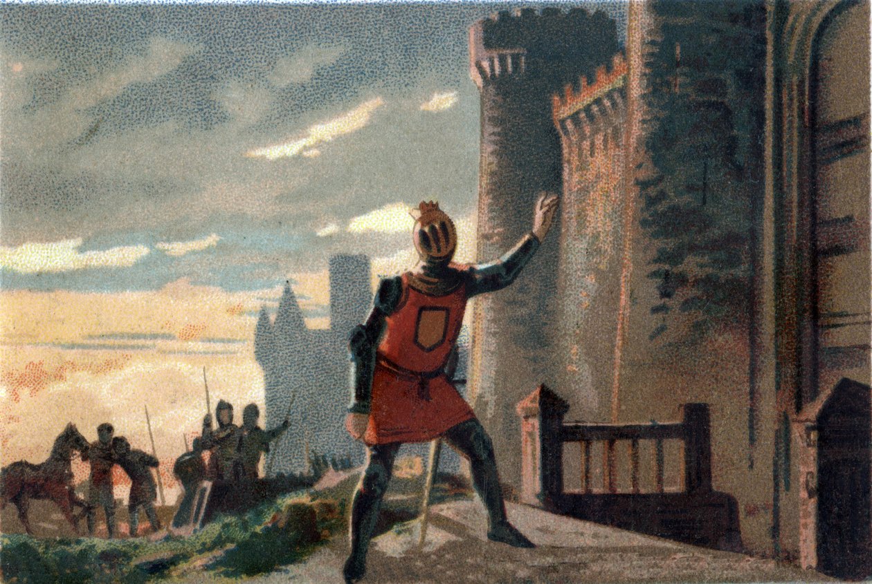 Guerra de los Cien Años: tras la derrota en la Batalla de Crecy, el Rey de Francia Felipe VI de Valois (1294-1350) llama a la puerta del Castillo de Broye diciendo “¡Abrid, es la fortuna de Francia!” (o “¡Abrid, es el Rey de Francia en desgracia!”) de French School