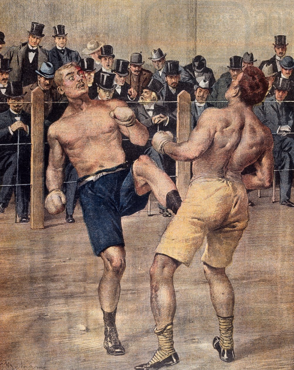 Una de las primeras reuniones de savate, boxeo francés, luchado en París en 1899, grabado en color, Francia de French School