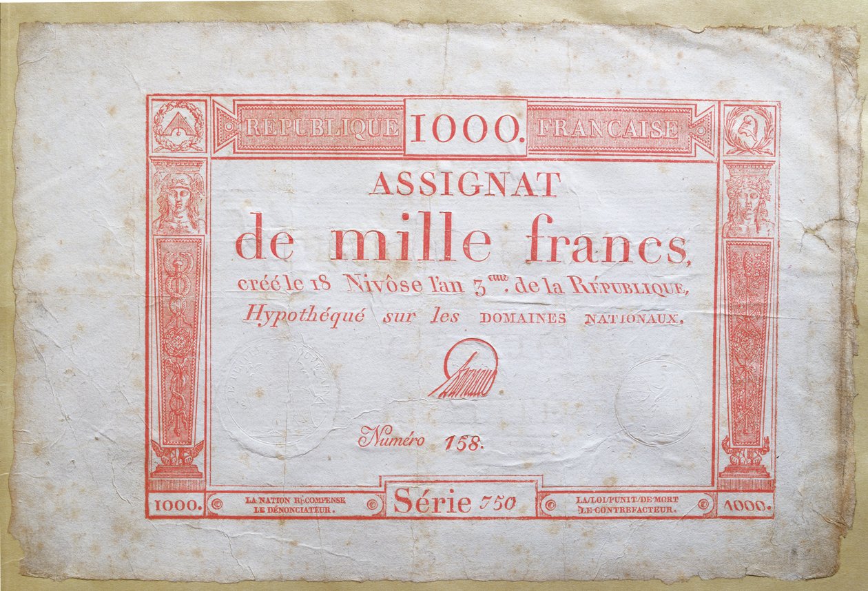 Billete de mil francos, 1795 de French School