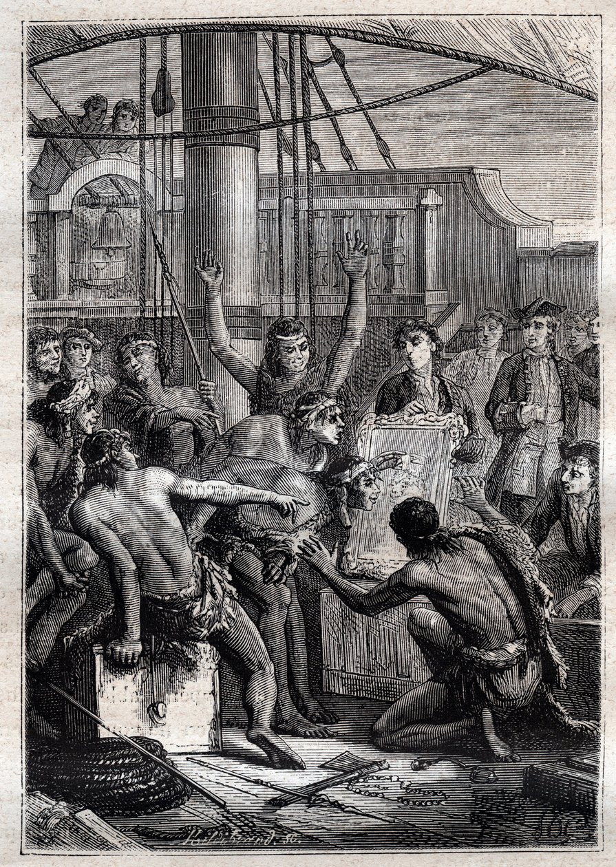 Solo un espejo tenía el don de excitar su asombro: Viaje de Samuel Wallis (1728-1795) en Polinesia - indígenas asombrados por un espejo - ilustración tomada de “Los Grandes Marineros del siglo XVIII” de French School
